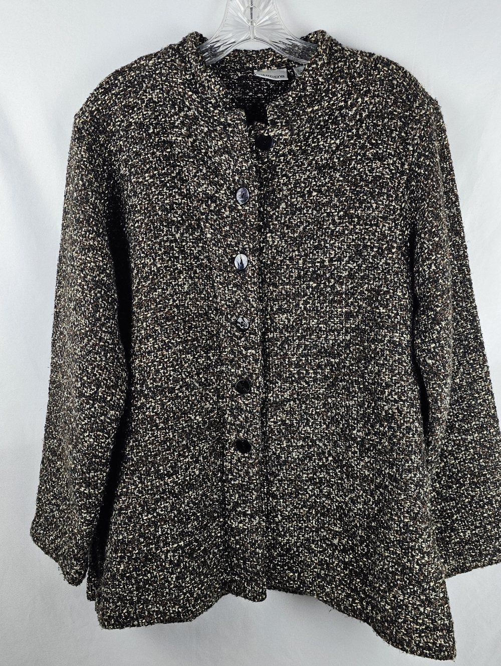 Chico's Brown Black White Speckled Knit Coat Women's 2/M Wool Classic